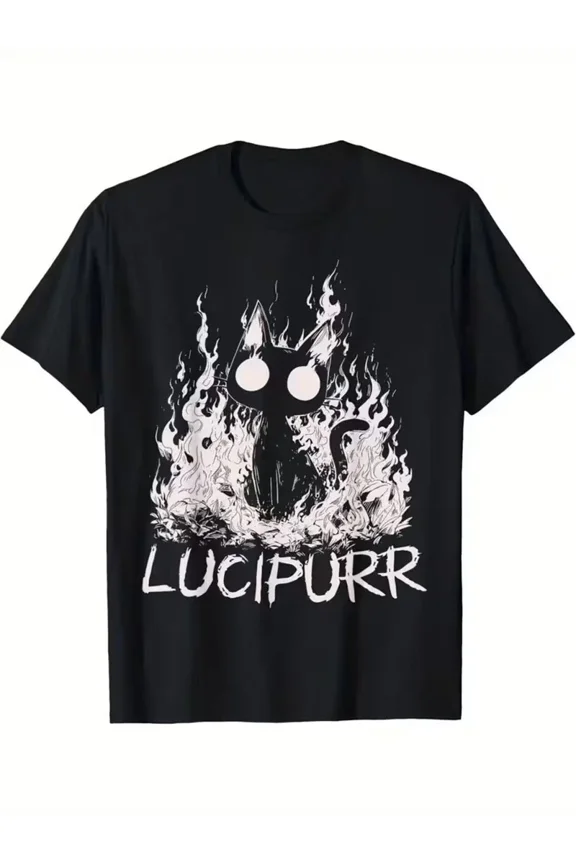 Funny Lucipurr Gothic Pun Black Cat Flames Humor Unisex T-Shirt Z1119, for Men & Women, up to Size 5XL