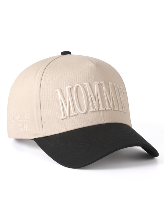 Funny MOMMIN Embroidered Baseball Cap for Women - Tan and Black Adjustable Mom Hat with Too Busy to Care Side Detail, Perfect Mother's Day & New Mom Gift