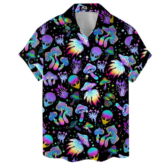 Funny Magic Alien Mushroom Hawaiian Shirt For Men Aliens Neon Shirt Mens Hawaiian Shirts Short Sleeve Button Down Shirt Men