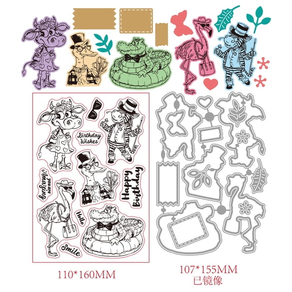 Funny Magic Circle Animal Clear Stamps Zebra Flamingo Cow Crocodile Frame Cutting Dies Set Silicone Transparent Stamps for Card