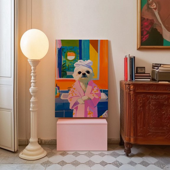Funny Maltese Dog Maximalist Bathroom Pet Portrait Poster Unframed Paper Print