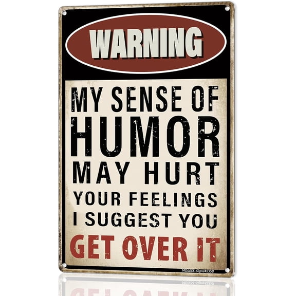 Funny Man Cave Decor for Men | 12x8 Durable Vintage Metal Man Cave Signs Wall Decorations for Basement/Garage/Mancave, 'Warning: My Sense of Humor May Hurt Your Feelings', 2358