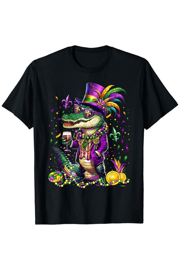 Funny Mardi Gras Alligator T-Shirt Retro NOLA Carnival Party Graphic Tee for Men and Women Festive Fat Tuesday Gator Top Hat Fleur De Lis Apparel