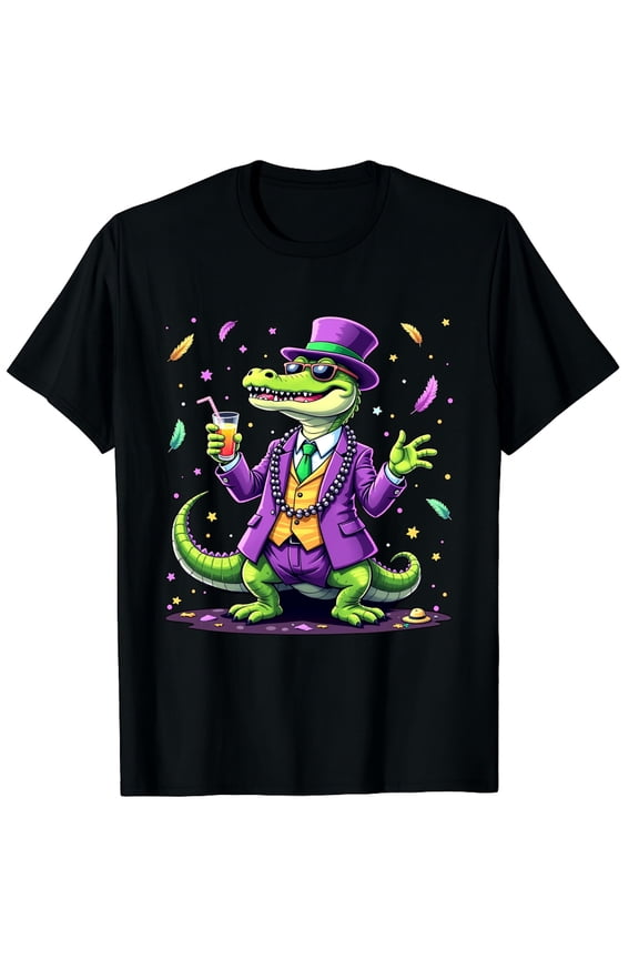 Funny Mardi Gras Alligator T-Shirt Retro New Orleans Carnival Party Graphic Tee Cute Crocodile Festive Celebration Apparel