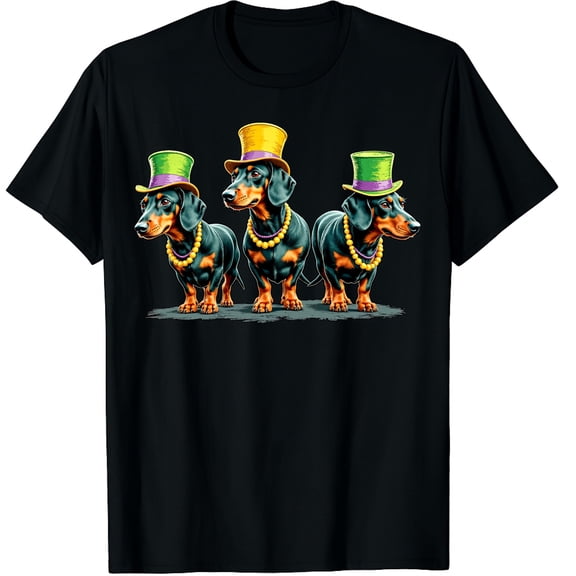 Funny Mardi Gras Dachshund Beads Gift Dog Dad Dog Mom Graphic Crew Neck Short Sleeve T-Shirts (Men's, Women's)