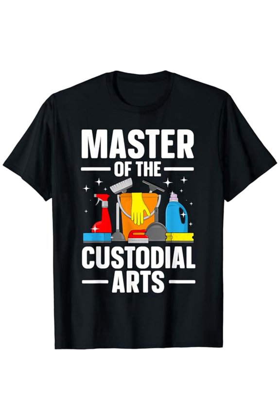 Funny Master of the Custodial Arts Janitor T-Shirt Professional Housekeeping Custodian Graphic Tee Retro Cleaning Crew Apparel for Men and Women