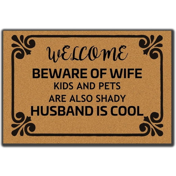 Funny Mat Outdoor Welcome Beware of Wife Kids and Pets are Also Shady Husband is Cool Floor Mat Welcome Mat Bath Rugs, Front Door Mat, Washable Floor Doormat for Entryway, Patio, Porch 17x30 inch