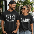 thumbnail image 1 of Funny Matching Couple Comfort Colors Shirts, Where I Go Chaos Follows Tee Set, Chaos Partner Gift For Couples Anniversary Or Valentine’s Day, 1 of 7