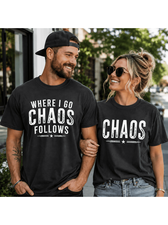 Funny Matching Couple Comfort Colors Shirts, Where I Go Chaos Follows Tee Set, Chaos Partner Gift For Couples Anniversary Or Valentine’s Day
