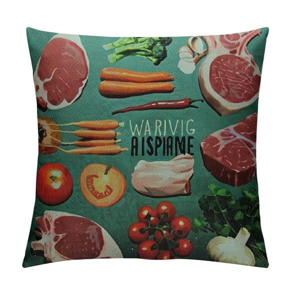 Funny Meat Set Throw Pillow Cover Sausage Steak Beef Ham Ketchup Chicken Leg All The Barbecue Decorative Square Pillow Case for Home Bedroom Living Room Cushion Cover