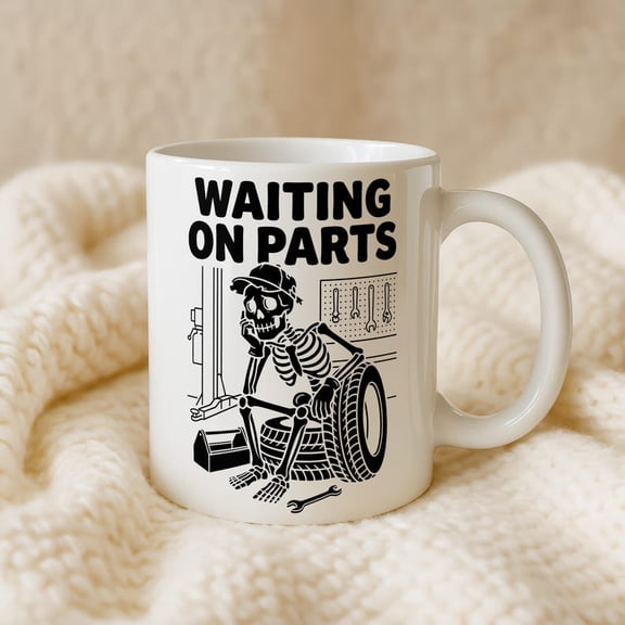 Funny MecH1anic Mug, Waiting on Par Gift for C1Ar Guy, Automot Lover Coffee Cup, Garage Humor Present, MecH1anic Skeleton