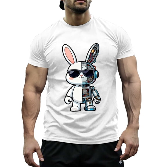 Funny Mechanical Rabbit Print Men's & Big Men's Cotton Crewneck T-Shirt Novelty Holiday Short Sleeves, Size XS-5XL