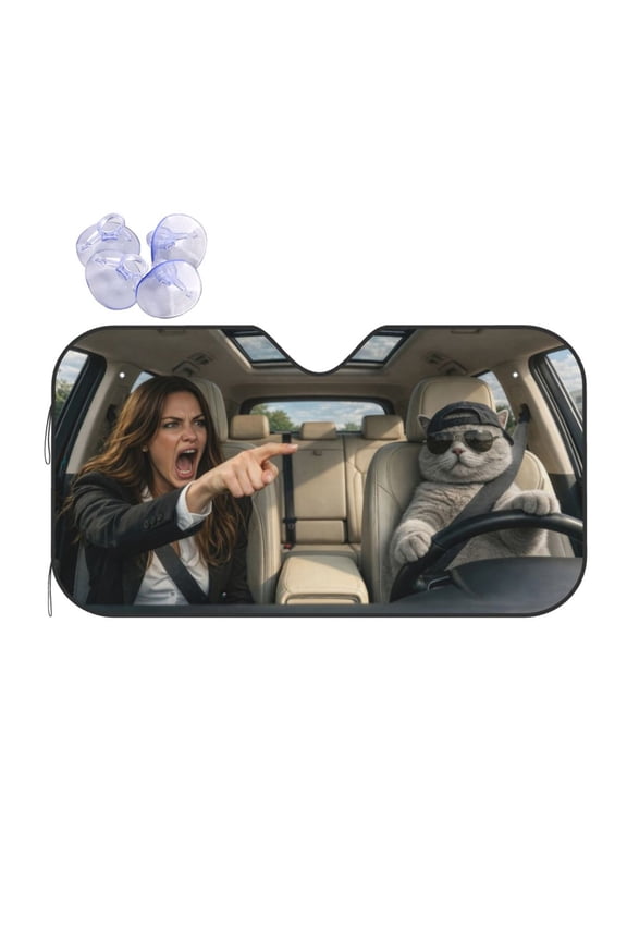 Funny Meme Car Sunshade Woman Yelling at Cat Design Windshield UV Heat Protection Visor Foldable Car Accessory for SUV Truck Easy Install