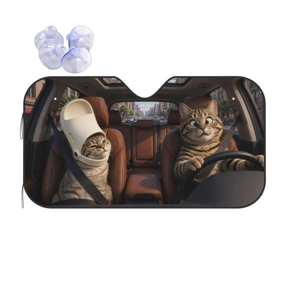 Funny Meme Cat Car Windshield Sun Shade, Slipper Hat Kitty & Tabby Cat Driver Print Foldable Auto Sunshade Visor, UV Heat Block, Pet Lover Gag Gift Universal Fit