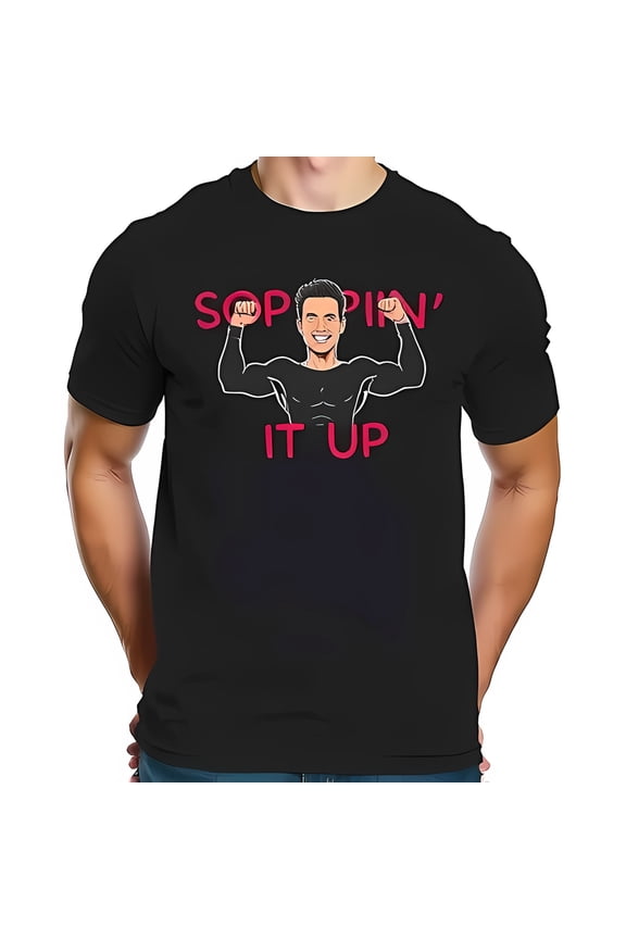 Funny Men's Black T-Shirt with Cartoon Muscle Man "SOPPIN' IT UP" Graphic - Casual Fit Tee
