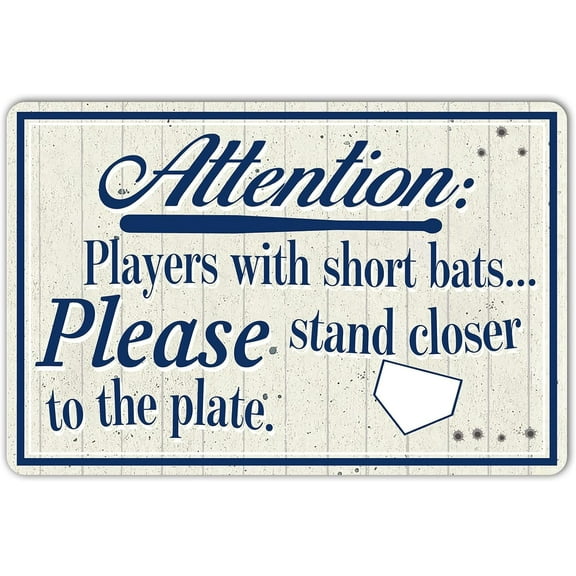 Funny Mens Bathroom Signs, Players With Short Bats Please Stand Closer To The Plate Baseball Sports Themed Bar Decor Man Cave Metal Tin 12 x 8 Inch