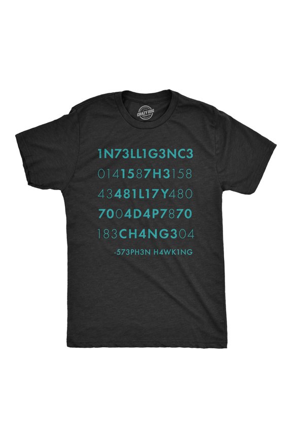 Funny Mens Intelligence T-Shirt with Bright Alphanumeric Design for Adaptability and Change