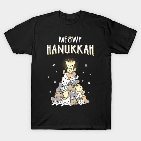 Funny Meowy Hanukkah Cat Pun Jewish Holiday Artwork Print, H10992 Unisex T-Shirt, Up to 5XL Available