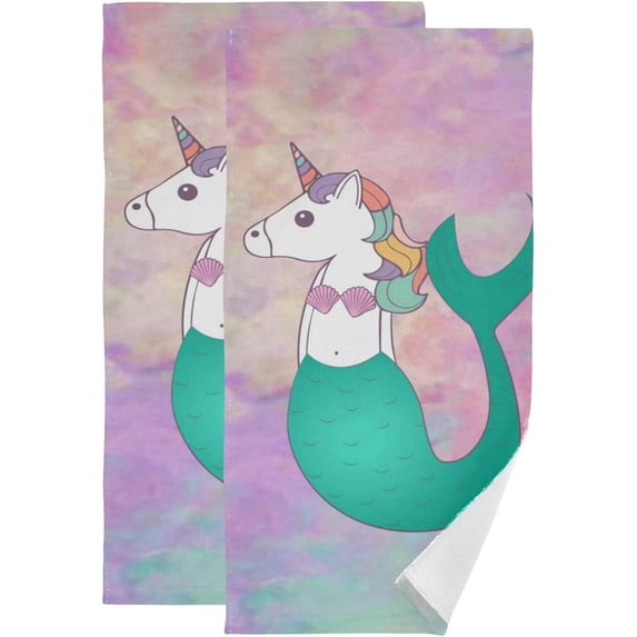 Funny Mermaid Unicorn Hand Towels, Colourful Art Kitchen Towel Ultra Soft and Absorbent,Decorative Fingertip Face Towel for Bathroom Hotel, 2 PCS, 28.3"x 14.4"