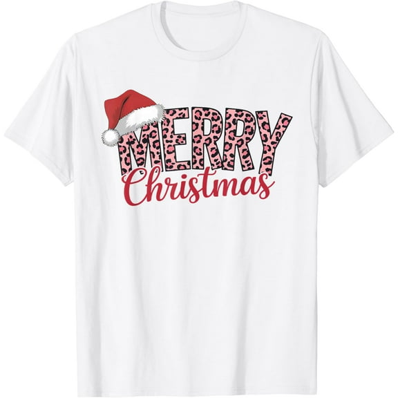 Funny Merry Christmas Leopard Santa Hat Print Xmas Pajamas T-Shirt