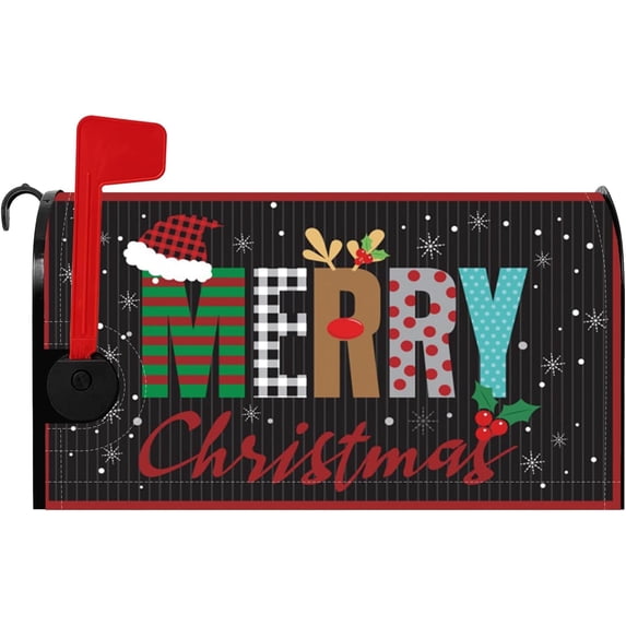 Funny Merry Christmas Mailbox Cover Santa Hat Snowflake Buffalo Plaid Elk Magnetic Mailbox Covers Standard Size 21x25.5 Inch for Outdoor Home Garden Winter Mail Box Wraps Post Letter Cover