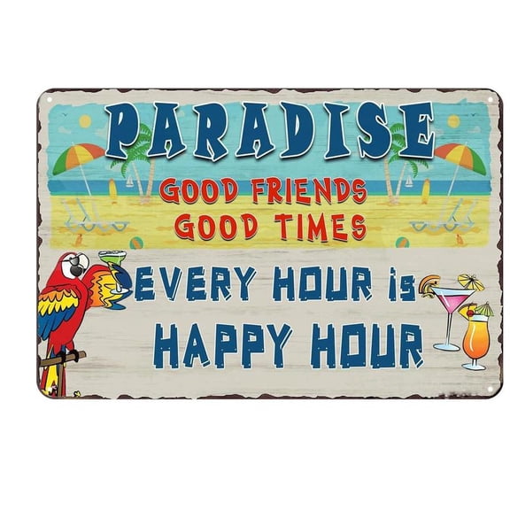 Funny Metal Sign Beach Parrot Paradise Happy Hour Vintage Decor Home Kitchen Bar Cafe Club Cave Wall Decor Retro Tin Sign 8x12 Inch