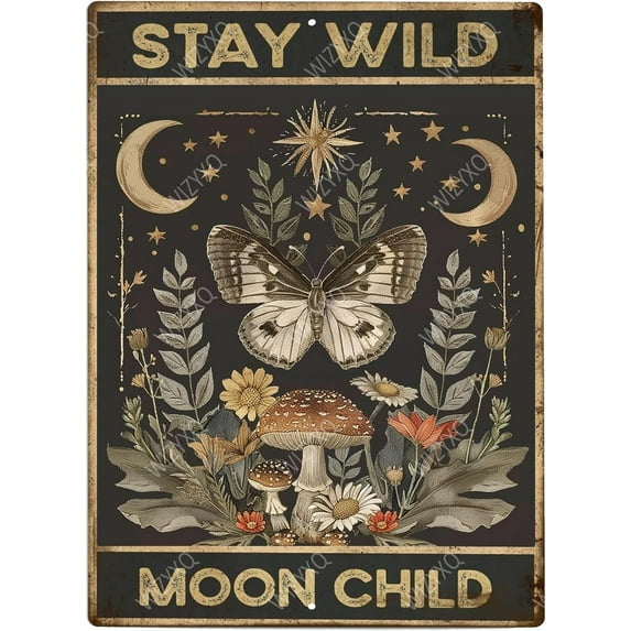 Funny Metal Signs Butterfly Stay Wild Moon Child Vintage Tin Sign Retro Wall Decor for Home Office Farmhouse Yard Garden Shop Cafe Indoor Outdoor 8×12 Inches