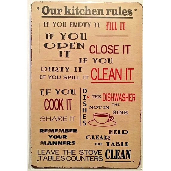 Funny Metal Signs Kitchen Rules Clean Wash Dirty Cook Home Bar Garden Wall Decor Tin Sign Vintage Poster Tin Sign Chic Art Wall Metal Decorations Funny Iron Plaque Signs Gift 8x12 inch