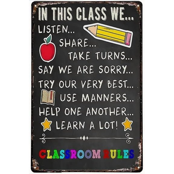 Funny Metal Tin Sign Teacher In This Class We Learn A Lot Classroom Rules Tin Sign Wall Poster Plaque for Home Kitchen Bar Coffee Shop Metal Plaque 8x12 inch