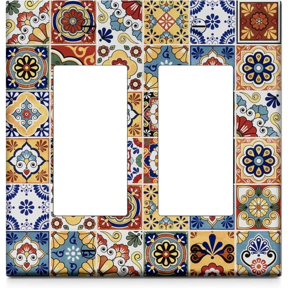 Funny Mexican mosaic tiles Double Rocker Light Switch Plate Cover 2 Gang Decorative Outlet Plate Electrical Wall Plate Covers for Kitchen Bedroom Bathroom Decor 4.5" X 4.5"
