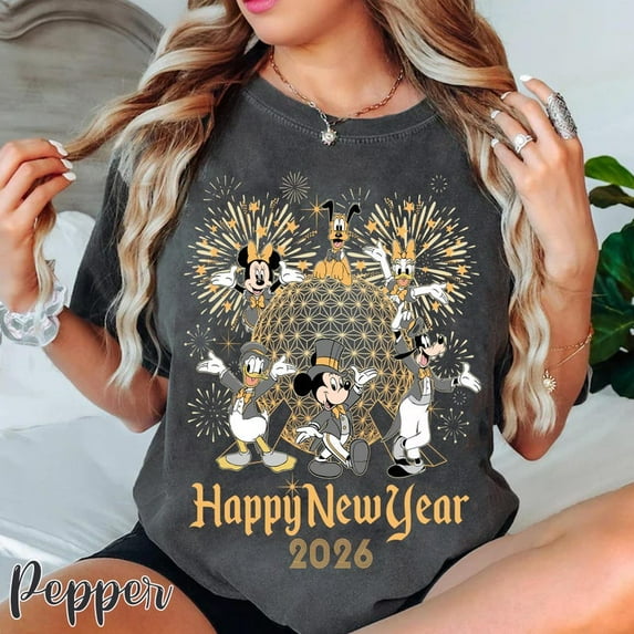 Funny Mickey And Friends Happy New Year 2026 Comfort Colors T-Shirt, Epcot Center Fireworks Shirt, Disney New Year's Eve Tee, Disneyland Holiday Outfit,Pepper Color,Size XL
