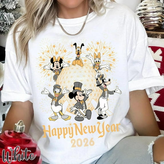 Funny Mickey And Friends Happy New Year 2026 Comfort Colors T-Shirt, Epcot Center Fireworks Shirt, Disney New Year's Eve Tee, Disneyland Holiday Outfit,White Color,Size 3XL