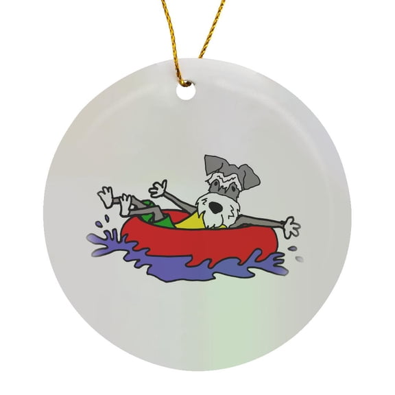 3drose, Funny Miniature Schnauzer Dog Floating down River in Inner Tube Nature, Circle Porcelain Ornament