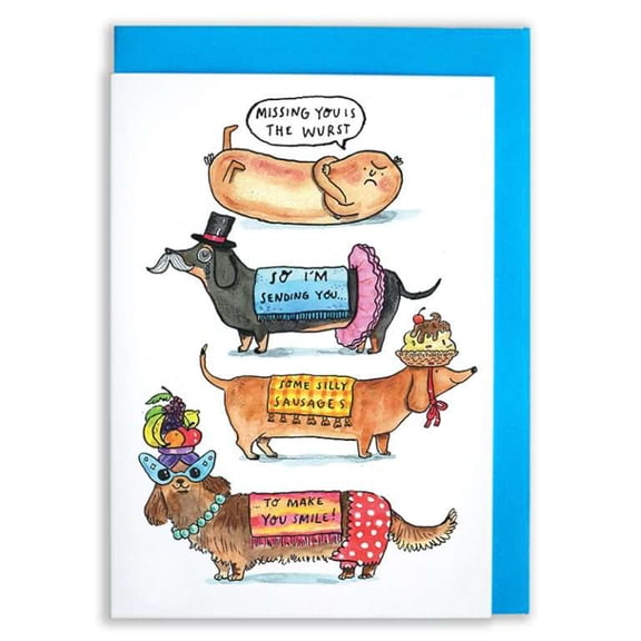 Funny "Missing You is the Wurst" Card Featuring Adorable Sausage Dogs Perfect for Sending Smiles & Support Envelope Included, Blank Inside for Personal Messages