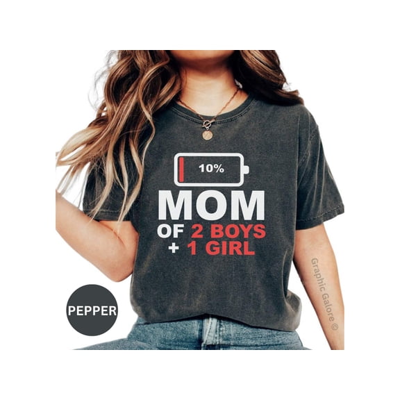 Funny Mom T-Shirt, Low Battery Mom of 2 Boys + 1 Girl, Motherhood Humor Tee, Parenting Life Casual Top, Gift for Mom, Soft Cotton Shirt