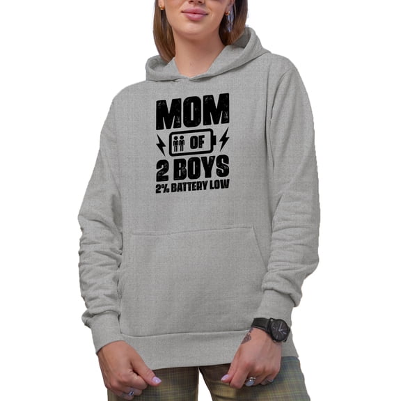 Funny Mom of 2 Boys, 2 Percent Battery Low, Heather Grey Hooded Sweatshirt or Hoodie, Medium