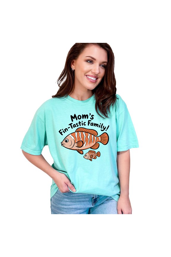 Funny Mom's Fin-Tastic Family Fish Design T-Shirt, Cute Family Matching Outfit, Unique Mother's Day Gift, Comfy Casual Wear, Chalky Mint Comfort Colors T-Shirt, XL