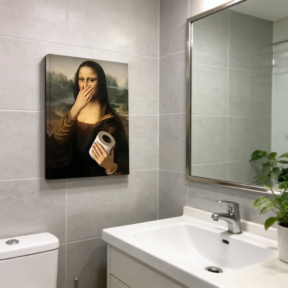 Funny Mona Lisa Bathroom Canvas Wall Art Wall Decor Classical Painting Picture Humor Amusing Toilet Artwork Vintage Whimsical Poster Print for Bathroom Home Decoration (Framed 16x8 Inch)