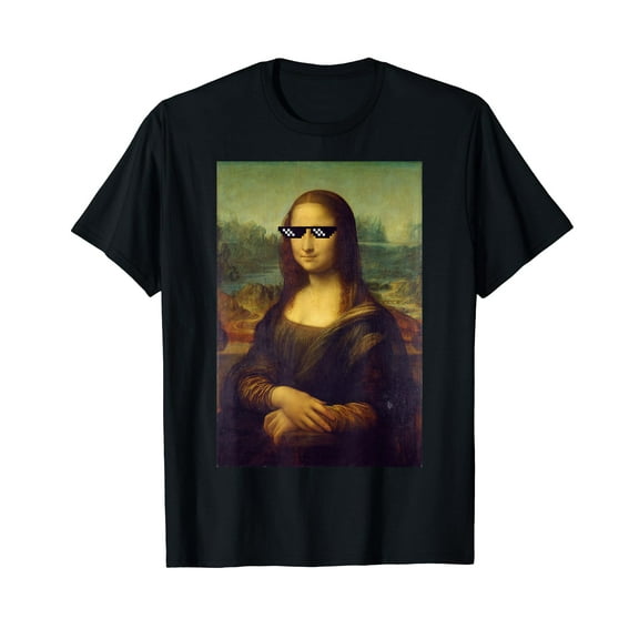 Funny Mona Lisa Meme Sunglasses Black T-Shirt
