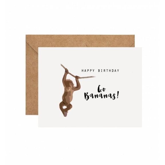 Funny Monkey Birthday Card  "Go Bananas!" Greeting Card  Includes Envelope, Blank Inside  Perfect for Kids and Animal Lovers