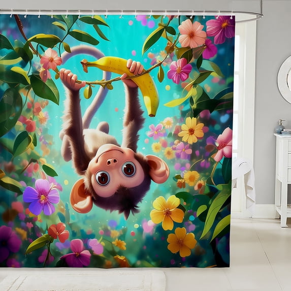 Funny Monkey Couple Shower Curtain 72"x72" Tropical Jungle Flowers Bathroom Shower Curtain Set Lovely Animal Monkey Bath Curtain Fruit Banana Bathroom Accessories