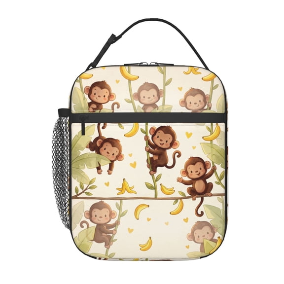 Funny Monkey Lunch Box Cartoon Banana Reusable Lunch Tote Bag With Front Pocket Zipper Closure Insulated Thermal Cooler Container Bag For Work Picnic Travel Fishing Beach