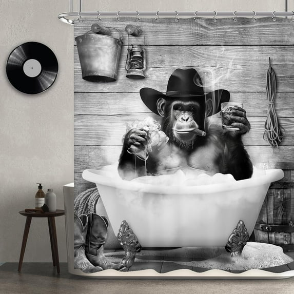Funny Monkey Shower Curtain 60Wx72H inch Chimpanzee in Bathtub Black White Animal Wildlife Men Shower Curtain Bathroom Set Modern Cool Waterproof Bath Decoration Accessories Home Decor
