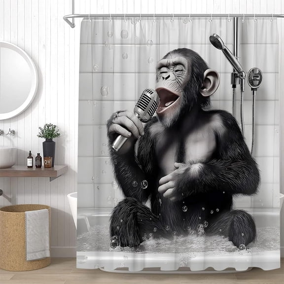 Funny Monkey Shower Curtain, Black White Chimpanzee Singing in Bathtub, Modern Fun Animal Bathroom Decor with Hooks 36"W x 72"H