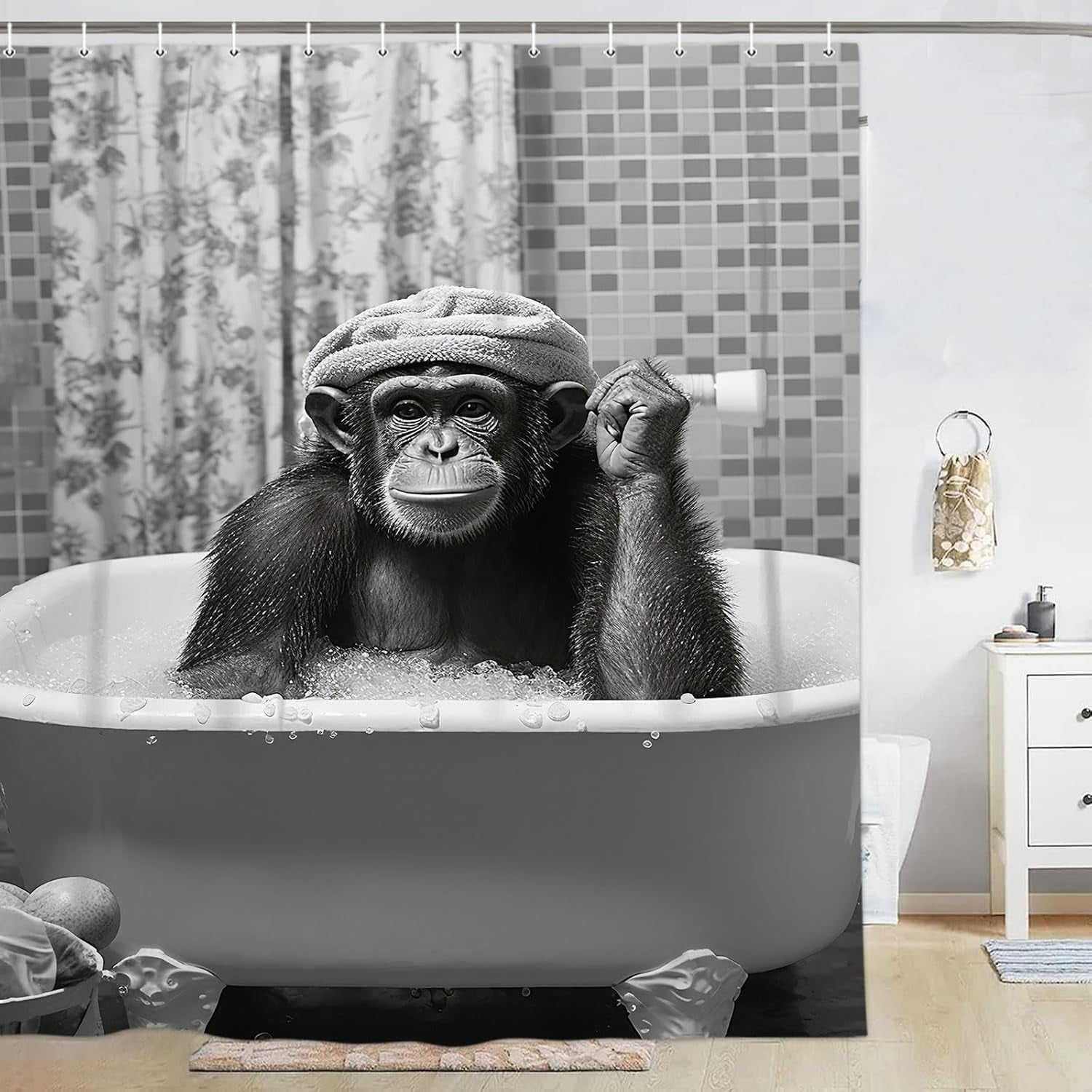 Funny Monkey Shower Curtain, Black and White Fun Animal in Bathtub, 72x72 Humorous Shower Curtain Set, Gray Style Bathroom Decor Curtain with Shower Hooks 36X72inches