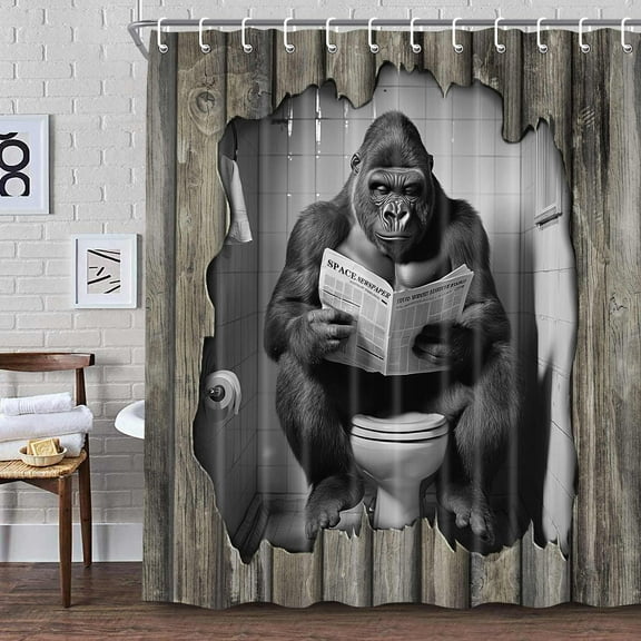 Funny Monkey Shower Curtain, Rustic Wooden Animal Cute Cat Reading Newspaper on Toilet Bath Curtains Set, Humor Western West Farmhouse Fabric Bathroom Polyester Curtains with Hooks 70X70in