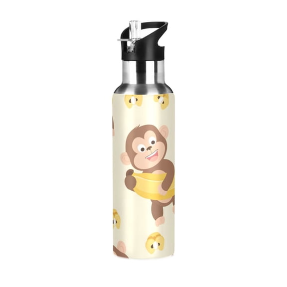 Funny Monkey and Banana Sports Bottle with Straw Stainless Steel Water Jug Portable Thermal Cup Leak-proof 600ML