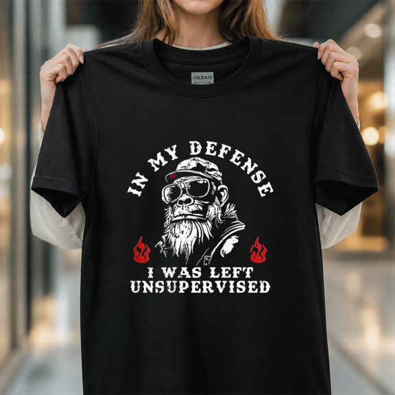 Funny Monkey in My Defense I was Left Unsupervised Back Print Chimp Unisex T-Shirt, S-5XL