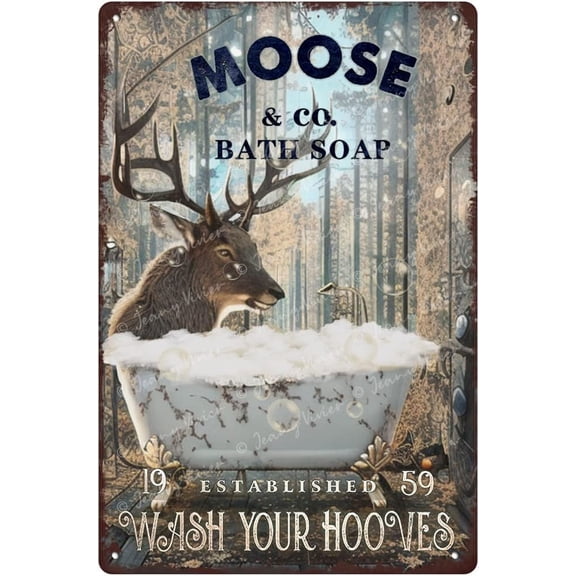 Funny Moose Bathroom Decor, Metal Bathtub Bathroom Decoration, Moose Wall Art, Woodland Animal Decor, Moose Gifts for Moose Lovers, Rustic Bathroom Tin Sign for Kid Bathroom 5.5x8 In