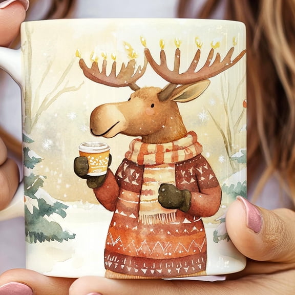 Funny Moose Christmas Ceramic Coffee Cup, Festive Holiday Hot Cocoa Tea Mug, 11oz 15oz Gift for Coffee Lover, Rustic Woodland Decor Kitchen